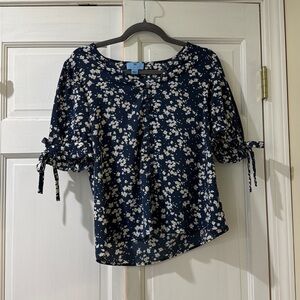 Floral Navy Blouse with Ruffle Sleeves